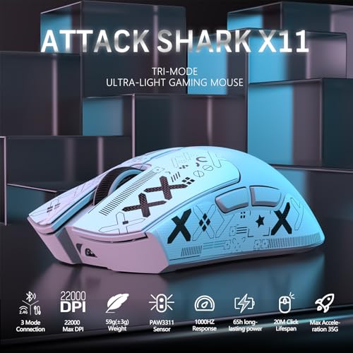 ATTACK SHARK X11 59g Lightweight Wireless Gaming Mouse,RGB Magnetic Charging Dock,Tri-Mode-BT/2.4G Wireless/Wired Mouse with Grip Tape,22000 DPI,5 Programmable Buttons for Pc/Mac(White&Sticker) - color: White & Griptape