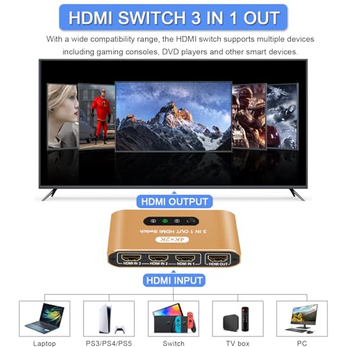 HDMI Switch 3 in 1 Out, 4K@60Hz HDMI Splitter with Remote Control, 3 Ports HDMI Switcher, Perfect for Full HD 4K 1080P 3D Video Roku Fire TV Blu-ray Players Stick Apple PS4/PS5 Xbox Chromecast (Gold) - color: Gold