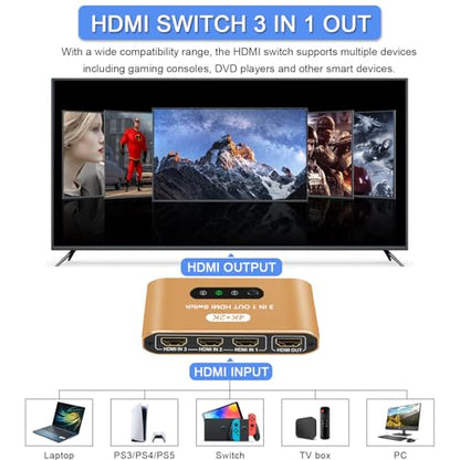 HDMI Switch 3 in 1 Out, 4K@60Hz HDMI Splitter with Remote Control, 3 Ports HDMI Switcher, Perfect for Full HD 4K 1080P 3D Video Roku Fire TV Blu-ray Players Stick Apple PS4/PS5 Xbox Chromecast (Gold) - color: Gold