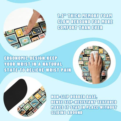 Retro Stamps Desk Mat Set Colorful Collage Large Mouse Pad with Wrist Rest 4in1 Desk Mat for Desktop Ergonomic Keyboard Wrist Support Anti-Slip Computer Ergonomic Mouse Pad Home Office Gaming - color: Retro Stamps