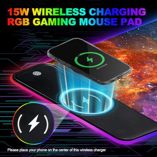 Wireless Charging RGB Gaming Mouse Pad, 31.5 x 11.8 Inch Extended Mouse Mat with Galaxy Nebula Design, LED Desk Pad with 7 Lighting Modes, Non-Slip Base for Gaming & Office - color: 01