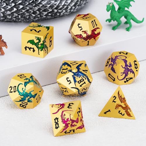 Sharp Edge Metallic DND Dragon Dice Set,Metal Polyhedral Dice with Dragon for Dungeons and Dragons RPG TTRPG D&D 7-Die Set with Gift Case Pearl Gold Seven Colors - color: Dragon-pearl Gold Seven Colors