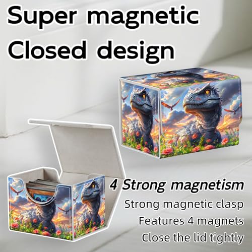 Trading Card Storage Box, Holds 100+ for MTG Cards, Premium PU Leather with Magnetic Closure, Blooming Flower Field Dinosaur Durable Deck Box for Magic the Gathering, Trading Card Games - color: Blooming Flower Field Dinosaur
