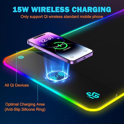 Mouse Pad Gaming Wireless Charging, 800x300x4mm, Black | Supports wireless charging for smartphones and earbuds, features 10 RGB lighting modes. Dimensions: 31.5" L × 11.8" W. - color: Black