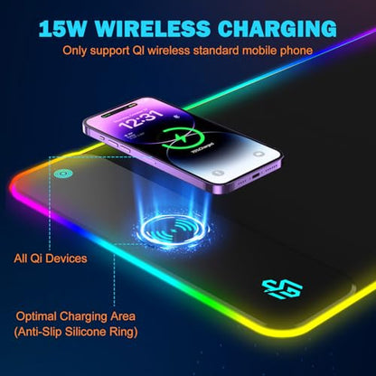 Mouse Pad Gaming Wireless Charging, 800x300x4mm, Black | Supports wireless charging for smartphones and earbuds, features 10 RGB lighting modes. Dimensions: 31.5" L × 11.8" W. - color: Black