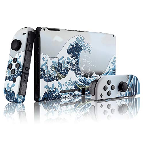 eXtremeRate DIY Replacement Shell Buttons for Nintendo Switch, Soft Touch Back Plate for Switch Console, Custom Housing Case with Full Set Buttons for Joycon Handheld Controller - The Great Wave - color: The Great Wave