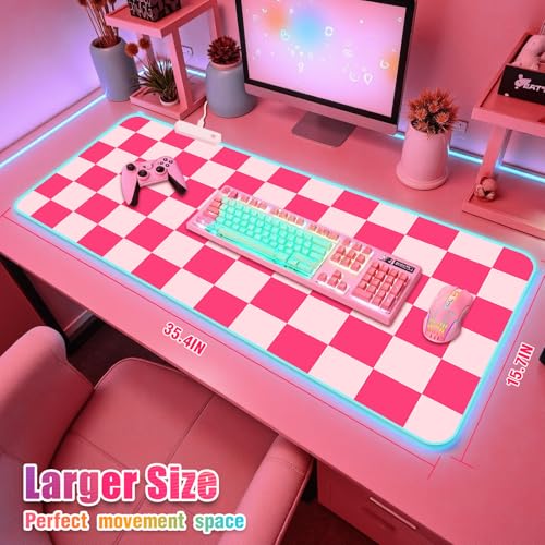 RGB Gaming Mouse Pad I Large Mousepad with 14 Led Modes I Keyboard Pad Gaming Desk Mat I Non-Slip Rubber Base Mouse Mat I 900x400x4mm Waterproof Mousepad for Gaming PC MacBook I Pink Checkered - color: Pink Checkered