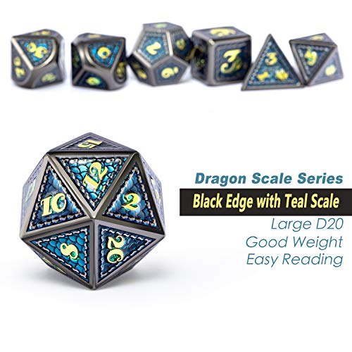 DNDND Metal Dice, 7 PCS Dragon Scale Metallic DND Die with Gift Metal Case for Dungeons & Dragons D&D (Teal with Black Edge) - color: Teal With Black Edge