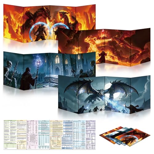 Byhoo DM Screen 4 PCS for D&D 5E - Epic Themes Dungeon Master Screen, Waterproof Reusable Surface with Adjustable Stands, Tri-Fold Portable A4 Size Compatible with 5E Core Rules - style: Epic - 4PCS
