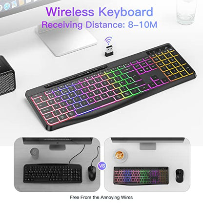 TECURS Wireless Gaming Keyboard - Light Up, Silent, Ultra Slim Full Size, LED Backlit 2.4G with Multimedia Keys for Mac & Windows