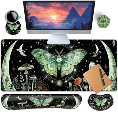 Large Gaming Mouse Pad+ Keyboard Wrist Rest Set, Ergonomics Memory Foam Mouse Mat Wrist Rest Support for Home Office, Waterproof Extended Mousepad 31.5x11.8in, Green Moth Mushroom Black Desk Pad - color: Yvb-mousepad-9-f-159
