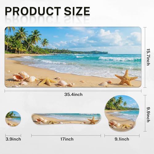 Britimes Beach Tropical Coastal Keyboard Mouse Pad Set Ocean Seashell 4in1 Large Mousepad+Keyboard Wrist Rest+Mouse Wrist Rest+Coaster Ergonomic Design for Home Office Computer 35.4x15.7 inches - color: Beach Tropical Coastal