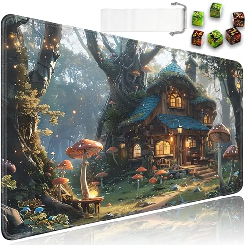 for MTG Playmat + Drawstring Travel Pouch + 6 Dice Counter, for Tabletop Trading Card Game Playmats or Mouse Pad, Anti-Slip Rubber 24 x 14 in, Mushroom Art Fantasy for TCG Playmat (No with Zone) - color: JV-Playmat-6-1-E131