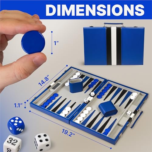 Large Blue Backgammon Sets for Adults - Classic Board Games for 2 Players Adults and Kids - Premium Backgammon Set 15 Inch Board and 32 Backgammon Pieces in Quality PU Leather Case - style: Premium Blue