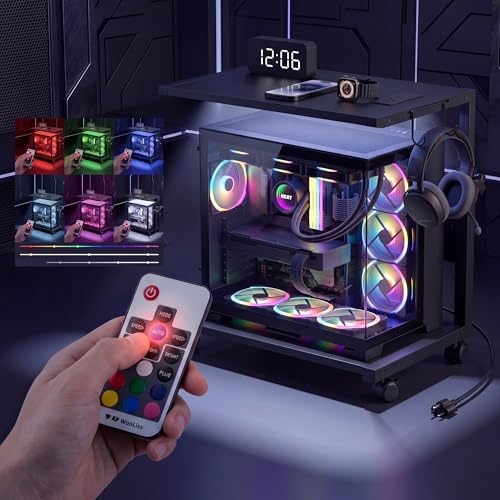 Computer Tower Stand with LED Light Strip, Height Adjustable | 23.6" × 15.7" Mobile Rolling CPU Holder, Height Adjustable PC Tower Stand with Charging Station for Office Home, Black, Large - color: Black, size: 23.6'' × 15.7''