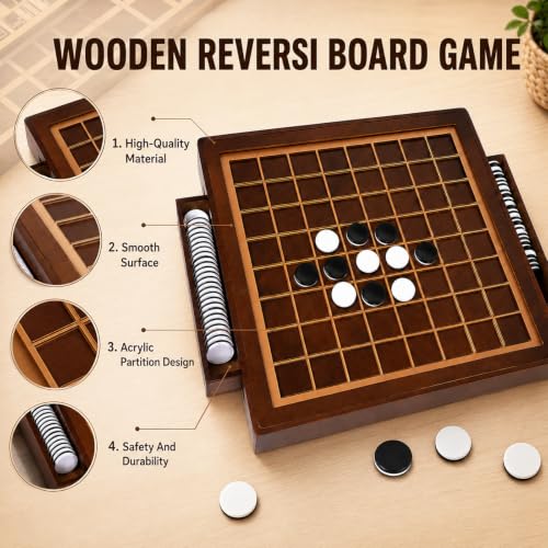 Wooden Reversi Board Game, with Storage Drawers, 12.6in Othell Classic Strategy Board Game with 64 Reversi Chess Pieces for 2 Players, Chessboard Made of Wood & Acrylic Materials