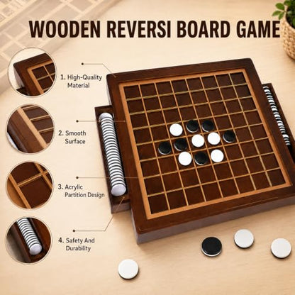 Wooden Reversi Board Game, with Storage Drawers, 12.6in Othell Classic Strategy Board Game with 64 Reversi Chess Pieces for 2 Players, Chessboard Made of Wood & Acrylic Materials