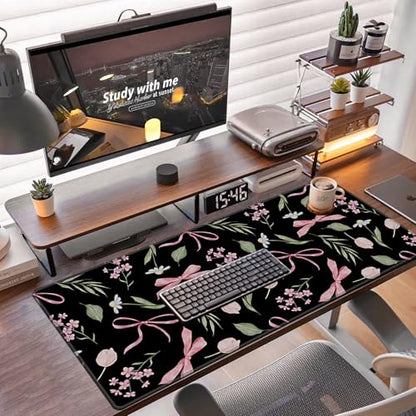 Baziabbo Black Desk Mat,XXL Extended Large Mouse Pad,Cute Gaming Mousepad with Stitched Edge,Non-Slip Rubber Base Keyboard Desk Pad for Home Office Study Game - color: Bow Black