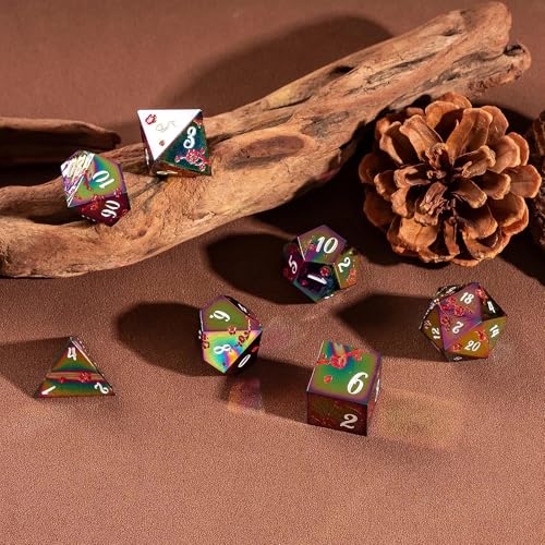 UDIXI Rainbow Metal Dice Set D&D, 7PCS Flower Metal DND Dice Set for RPG | Red Flower, Metal Case Packaging, Heavy Metal Dice, D&D Gift, for Dungeons and Dragons Role Playing Games Tabletop Games - color: Rainbow-white
