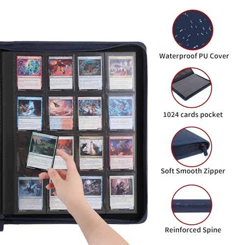 Snekdy premium 1024-pocket trading card binder, 16-pocket cards album, waterproof PU-leather Cover album with side loading, holds gaming, baseball, basketball & sports cards (Blue) - color: Blue