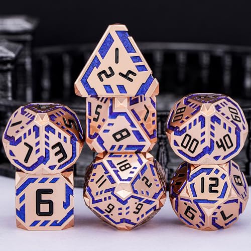 Metal DND Sci-fi Dice Set 7PCS Stripe Polyhedral Dice for Dungeons Dragons RPG Role Playing Game, Glitter D and D Dice with Gift Box D6 D8 D10 D12 D20 (Copper Blue) - color: Copper Blue