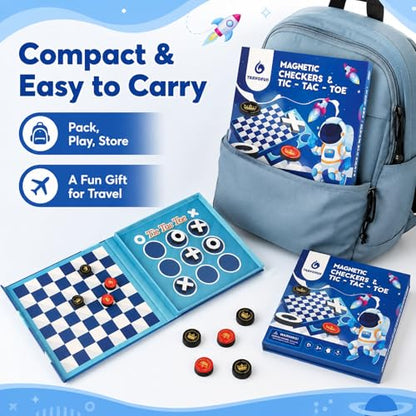 2-in-1 Travel Checkers and Tic Tac Toe Game for Kids Ages 8-12, Magnetic Checkers Board Game, Foldable Road Trip and Plane Activities - style: Checkers&Tic-Tac-Toe