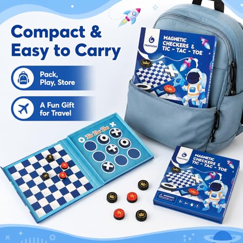 TRAVOFUN Magnetic Checkers Board Game | Travel Games for Kids 8-12 | Foldable travel checkers game with tic-tac-toe keeps magnetic pieces secure for car rides, flights, camping, and family play. - style: Checkers&Tic-Tac-Toe
