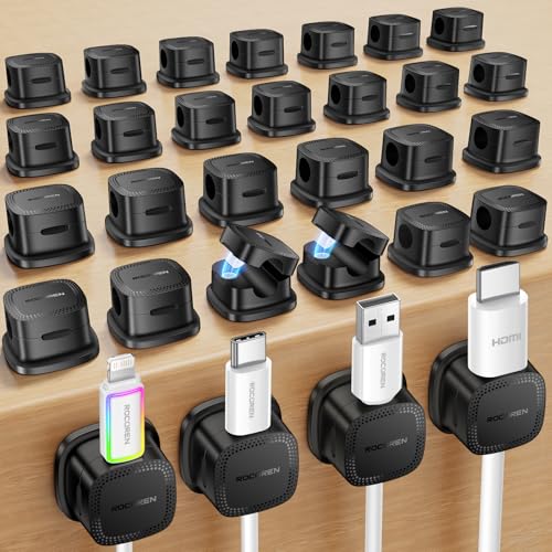 30-Pack Rocoren Magnetic Adjustable Cable Clips Cord Organizer | Smooth Cable Straps & Wire Holder Keeper, Cable Management Accessories for Desktop, Nightstand, Home Office & Phone - color: Black