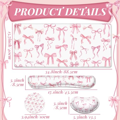 Relaxweex 4 Pcs Pink Bow Keyboard Mat and Mouse Pad Set Coquette Desk Mat Bowknot Mouse Pad with Wrist Rest Cute Keyboard Wrist Rest Preppy Cup Coasters Pink Ergonomic Design for Office Table Computer