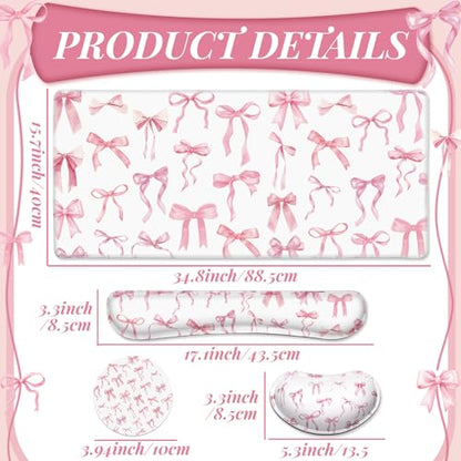 Relaxweex 4 Pcs Pink Bow Keyboard Mat and Mouse Pad Set Coquette Desk Mat Bowknot Mouse Pad with Wrist Rest Cute Keyboard Wrist Rest Preppy Cup Coasters Pink Ergonomic Design for Office Table Computer