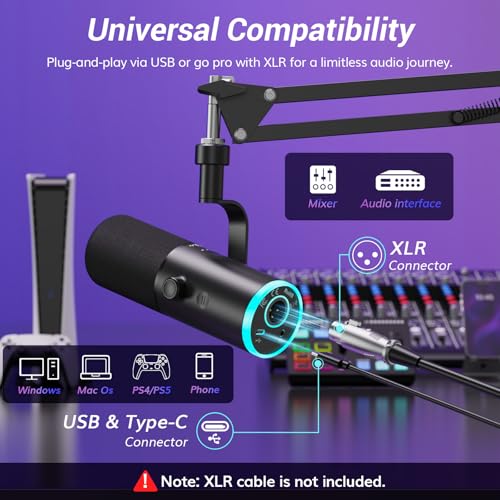 TONOR Dynamic Gaming Microphone, XLR/USB Microphone for Content Creators with AI Noise Cancellation, RGB, Tap Mute, Gain Control, Microfono with Boom Arm for Streaming, Black, TD510 AIR S H+