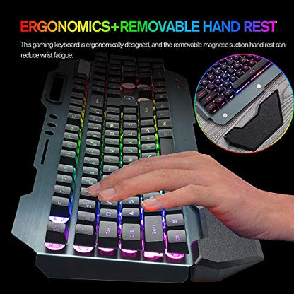 Wireless Gaming Keyboard Mouse & Mouse Pad Kit,3 in 1 RGB Backlit Rechargeable Keyboard Mouse with 3800mAh Battery Metal Panel Removable Hand Rest,RGB Gaming Mousepad(32.5x12inch),Gaming Mouse - color: RGB