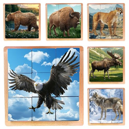 Wooden Cube Puzzle of Native North American Animals | Wooden Puzzles for Kids & Toddlers Ages 3 4 5 6 7 8 - style: American wildlife