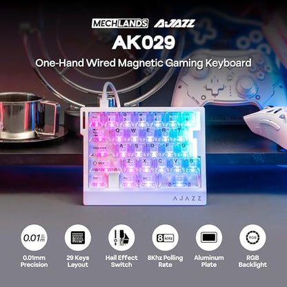 MechLands AJAZZ AK029 One Handed Gaming Keyboard, 8Khz Polling, 29 Keys Rapid Fast Wired Keyboard, SOCD & DKS, Magnetic Switch, Adjustable Actuation, RGB Backlits, Aluminum Plate (White Transparent) - color: White Transparent