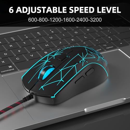 MageGee G6 Wired Gaming Mouse, Ergonomic USB Optical Mouse with 7 Colors Breathing LED Backlit, 6 Adjustable Speed Levels from 600 to 3200 for Laptop PC Computer Games & Work, Black - color: black