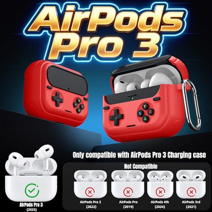 Getino Retro Game Case for AirPods Pro 3 | Game Console Design Protective Cover with Foldable Stand, Secure Lock Anti-Drop Shockproof PC+TPU Case, Keychain & Cleaning Kit for Men & Boys, Red - color: Red