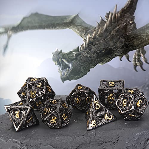 DND Dice,Hollow D&D Metal Dice,Dungeons and Dragons Dice Set with Gift Box,7 PCs Steampunk Polyhedral Dice Games Set for RPG,MTG,Pathfinder, (Dragon Black Golden) - color: Dragon Black Golden