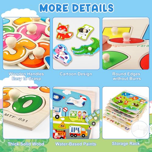 Attmu Wooden Puzzles for Toddlers, 6 Pcs Alphabet Puzzle ABC Shape Number Animal Farm Puzzle, Learning Toys for Kids, Preschool Educational Activities Toddler Gift Toys for Girls Boys Christmas Easter - size: 6 Pack