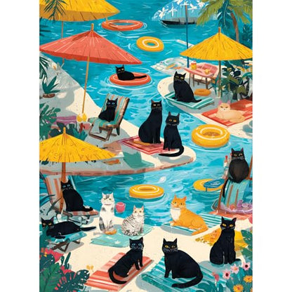 300 Piece Puzzle for Adults, Fun Poolside Cats Jigsaw Puzzle, Vibrant Cats with Beach Umbrellas and Floaties 300 Piece Puzzle, Perfect for Family Time, Wall Decor, Gift for Adults, Seniors - style: Pool Party Cats