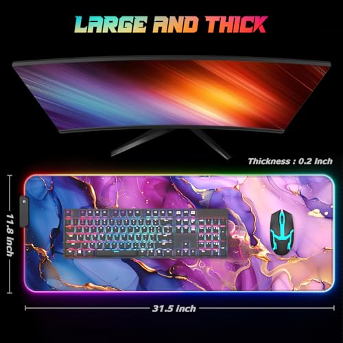 ITNRSIIET RGB Gaming Mouse Pad, Full Desk XL Extended Large Gaming Mousepad, 12 Lighting Modes 30% Thicker Big LED Desk Mat for Gamers, 32 x 12 inches, Blue Purple Pink Marble - color: Blue Purple Pink Marble