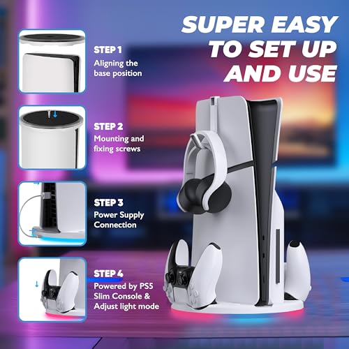 Stand with Dual Controller Charger for PS5 Slim – Vertical Console Stand with Headset Hook for PlayStation 5 - Cool RGB Lights - Efficient Charging - Charging Station for Dualsense and Edge Gamepad