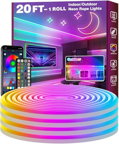 20Ft Led Rope Lights, Flexible Neon Lights Control with App/Remote, Multiple Modes, IP65 Outdoor RGB Waterproof, Music Sync Gaming Light Strip for Bedroom Decor - size: 20FT