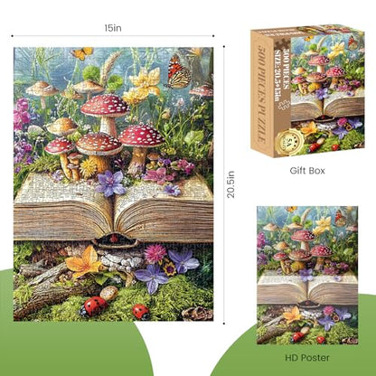 Colorful Fantasy Mushroom Book 500 Puzzles, Fun and Challenging | Puzzle for Family Time, Relaxing Gift for Adults, Seniors, 20.5 x 15 in - style: MUSHROOM BOOK