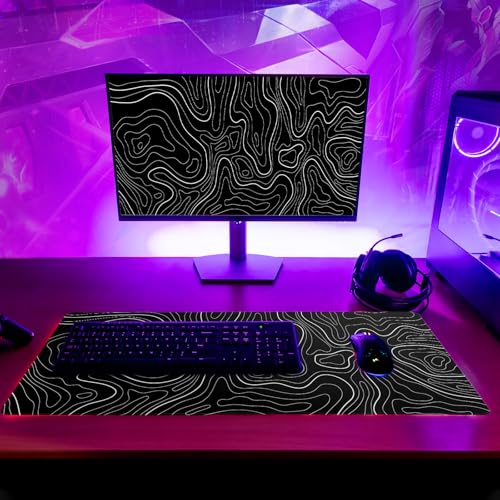 Topographic Contour Black Gaming Mouse Pad XL Geographic Map Lines Extended Big Large Desk Mat Non-Slip Rubber Base Stitched Edge Long Keyboard Mousepad for PC Computer Laptop,31.5x11.8 Inch - color: Black Topographic Contour