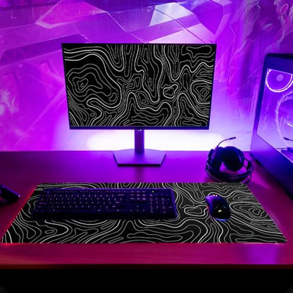 Topographic Contour Black Gaming Mouse Pad XL Geographic Map Lines Extended Big Large Desk Mat Non-Slip Rubber Base Stitched Edge Long Keyboard Mousepad for PC Computer Laptop,31.5x11.8 Inch - color: Black Topographic Contour