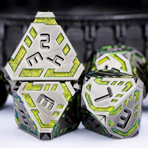 Metal DND Sci-fi Dice Set 7PCS Stripe Polyhedral Dice for Dungeons Dragons RPG Role Playing Game, Glitter D and D Dice with Gift Box D6 D8 D10 D12 D20 (Grey&Green Yellow) - color: Silver Gray - Yellow Green