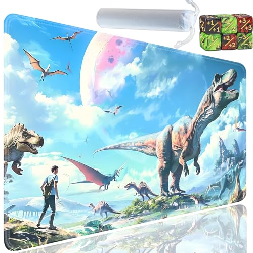 Playmat for MTG, 24x14 Inches Playmats, for TCG and CCG Trading Card Game Mat, Non-Slip Rubber for MTG Playmats with A Storage Bag and 6 Dice Set, Age of Dinosaurs Pattern - color: Yu-Playmat-1-E135