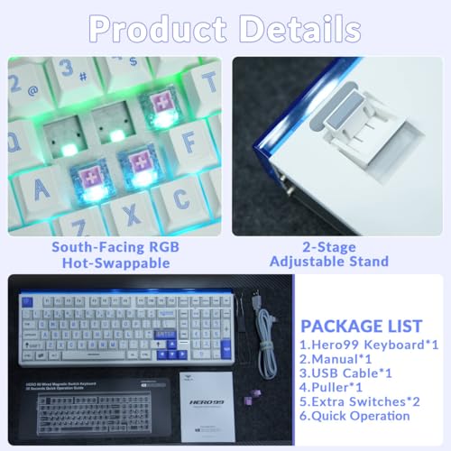 Aula Hero 99 Wired Gaming Keyboard, Hall Effect Switch with Rapid Trigger | Magnetic Switch Keyboard with Number Pad, 101Keys Hot Swap,Web Driver RGB Backlit Mechanical Keyboard for Office PC Gamer - color: White Blue