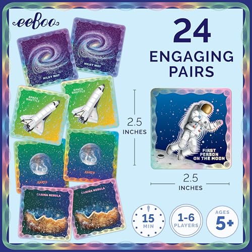 eeBoo Shiny Space Memory & Matching Game, Ages 5+, 1-6 Players | Introduces space & science vocabulary. Sharpens recognition, concentration & memory skills. Includes 48 foil tiles, 24 pairs - style: Shiny Space