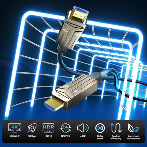 Soonsoonic Fiber Optic HDMI Cable 150ft,18Gbps 4K@60Hz(4:4:4) Unidirectional Active 2.0 Cord,Support HDR10 ARC HDCP 2.2 3D CEC Atmos DTS:X, Ultra high Speed Flexible and Slim（45m） - size: 150FT